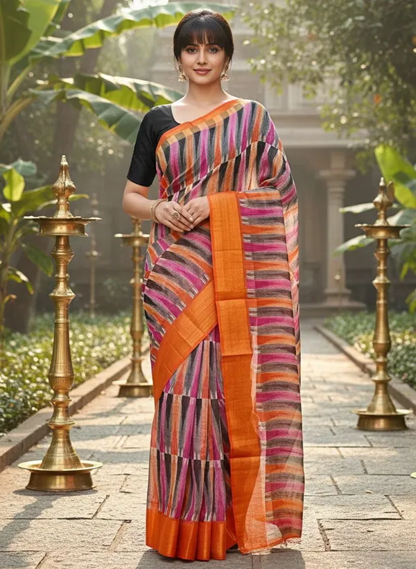 Orange_Cotton_Silk_Ikkat_Printed_Saree_For_Women_|_With_Blouse_Piece