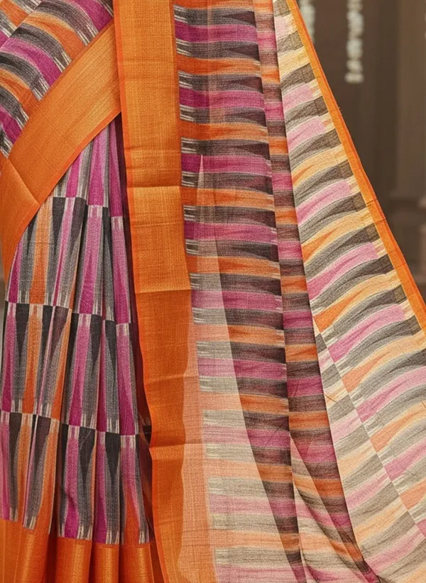 Orange_Cotton_Silk_Ikkat_Printed_Saree_For_Women_|_With_Blouse_Piece