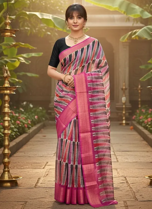 Pink_Cotton_Silk_Ikkat_Geometric_Printed_Zari_Border_Saree_For_Women_|_With_Blouse_Piece