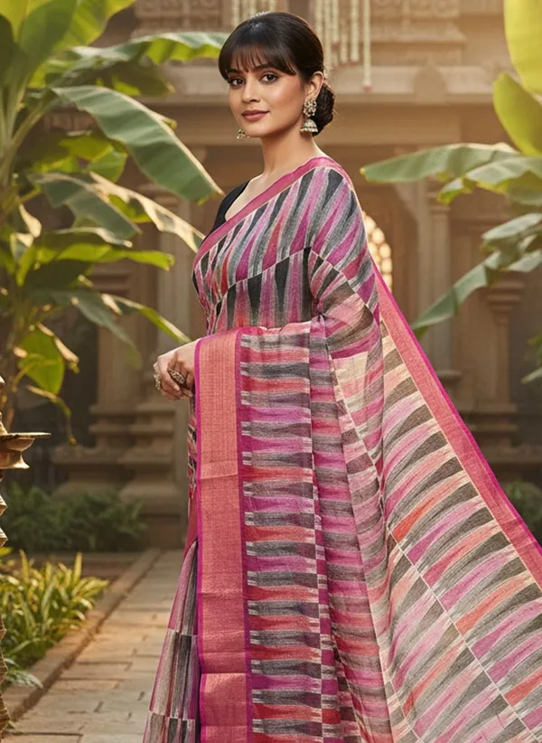 Pink_Cotton_Silk_Ikkat_Geometric_Printed_Zari_Border_Saree_For_Women_|_With_Blouse_Piece
