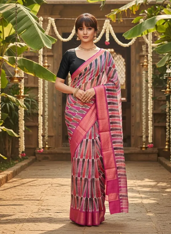 Pink_Cotton_Silk_Ikkat_Geometric_Printed_Zari_Border_Saree_For_Women_|_With_Blouse_Piece