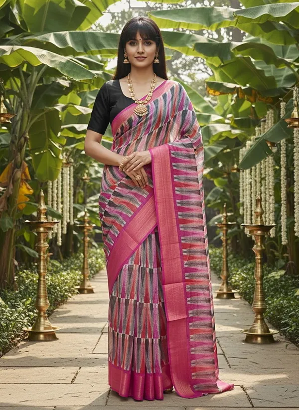 Pink_Cotton_Silk_Ikkat_Geometric_Printed_Zari_Border_Saree_For_Women_|_With_Blouse_Piece