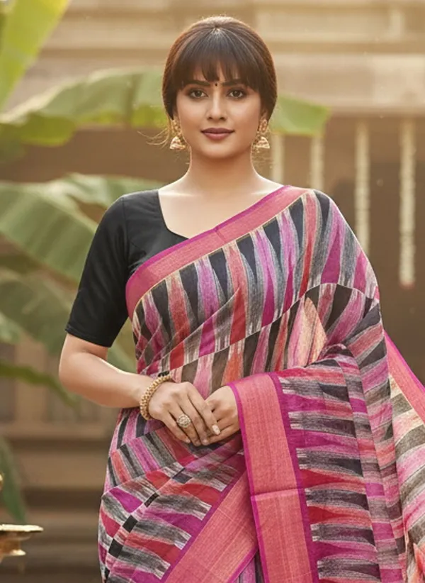 Pink_Cotton_Silk_Ikkat_Geometric_Printed_Zari_Border_Saree_For_Women_|_With_Blouse_Piece