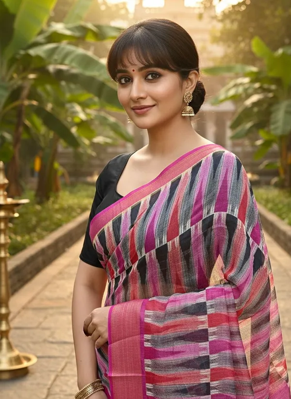 Pink_Cotton_Silk_Ikkat_Geometric_Printed_Zari_Border_Saree_For_Women_|_With_Blouse_Piece