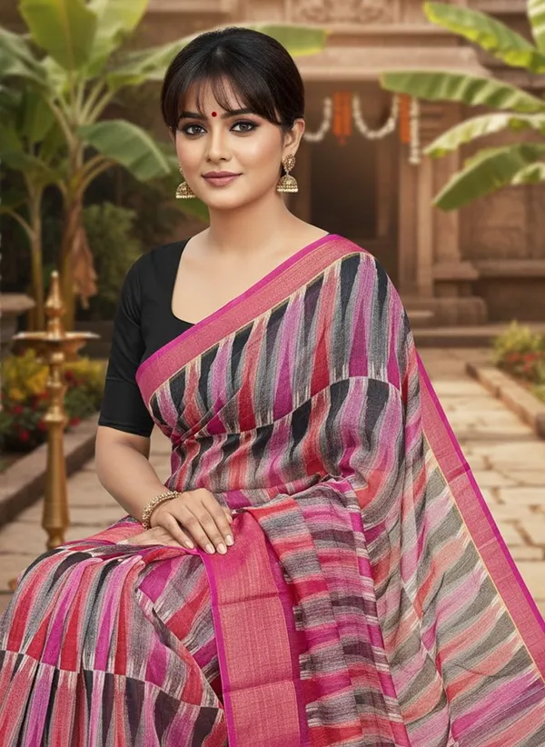 Pink_Cotton_Silk_Ikkat_Geometric_Printed_Zari_Border_Saree_For_Women_|_With_Blouse_Piece