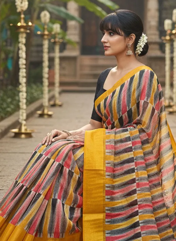 Yellow_Cotton_Silk_Ikkat_Abstract_Printed_Zari_Border_Saree_For_Women_|_With_Blouse_Piece
