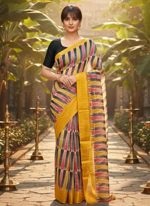 Yellow_Cotton_Silk_Ikkat_Abstract_Printed_Zari_Border_Saree_For_Women_|_With_Blouse_Piece