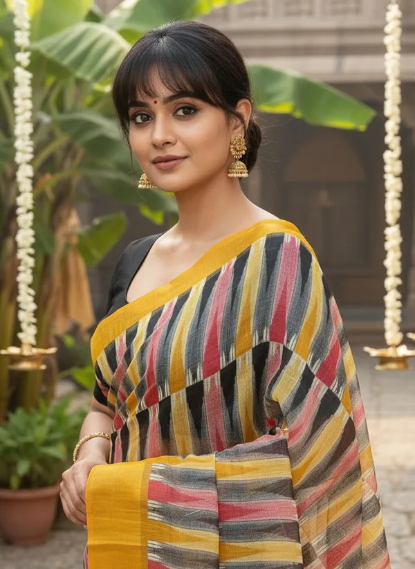 Yellow_Cotton_Silk_Ikkat_Abstract_Printed_Zari_Border_Saree_For_Women_|_With_Blouse_Piece