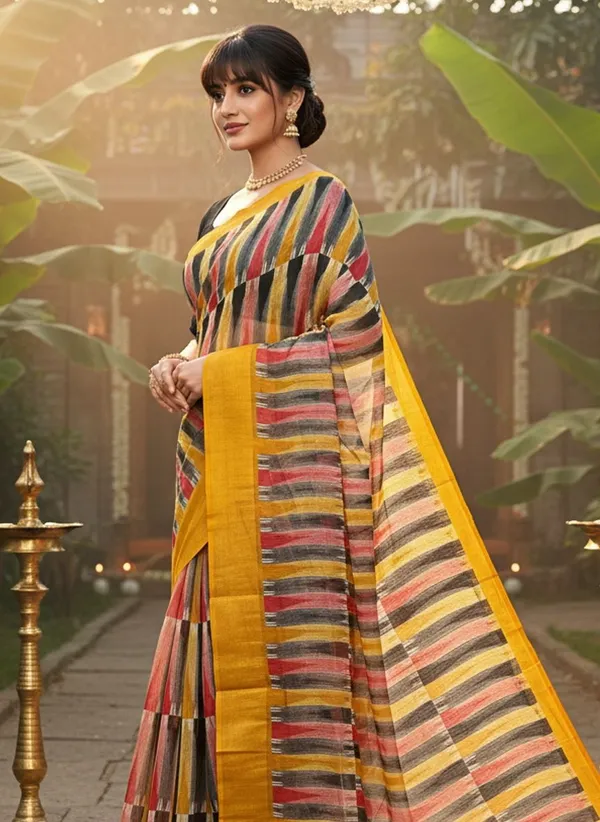 Yellow_Cotton_Silk_Ikkat_Abstract_Printed_Zari_Border_Saree_For_Women_|_With_Blouse_Piece