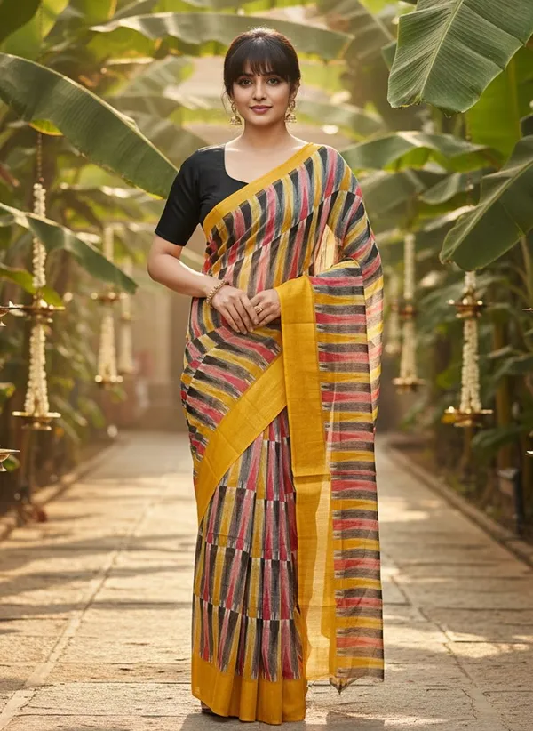 Yellow_Cotton_Silk_Ikkat_Abstract_Printed_Zari_Border_Saree_For_Women_|_With_Blouse_Piece