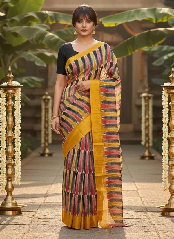 Yellow_Cotton_Silk_Ikkat_Abstract_Printed_Zari_Border_Saree_For_Women_|_With_Blouse_Piece