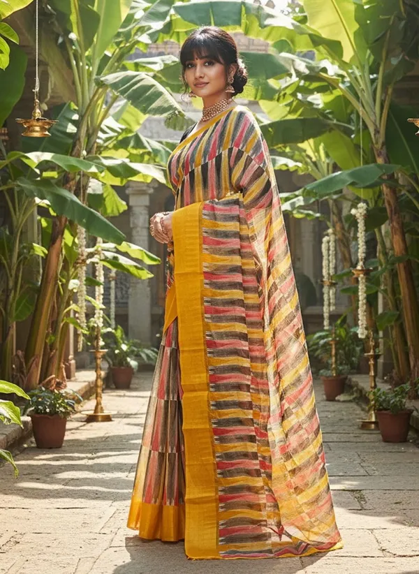 Yellow_Cotton_Silk_Ikkat_Abstract_Printed_Zari_Border_Saree_For_Women_|_With_Blouse_Piece