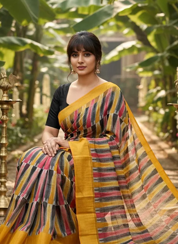 Yellow_Cotton_Silk_Ikkat_Abstract_Printed_Zari_Border_Saree_For_Women_|_With_Blouse_Piece