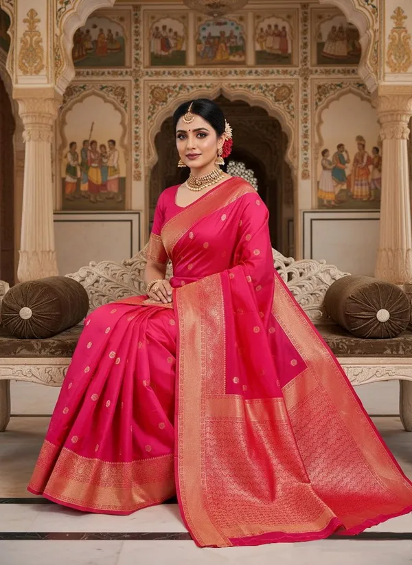 Pink_Kanjivaram_Pure_Silk_Zari_Woven_Contrast_Gold_Border_Saree_For_Women_|_With_Blouse_Piece