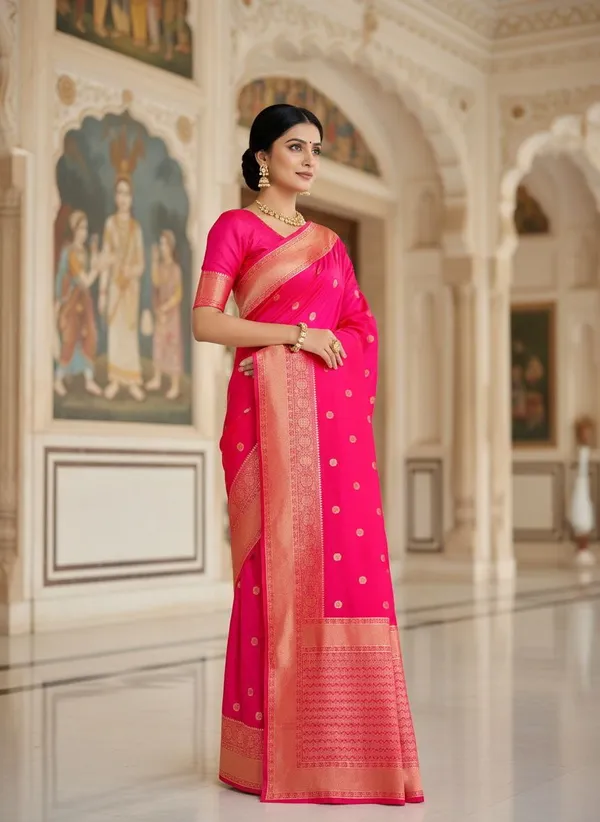 Pink_Kanjivaram_Pure_Silk_Zari_Woven_Contrast_Gold_Border_Saree_For_Women_|_With_Blouse_Piece
