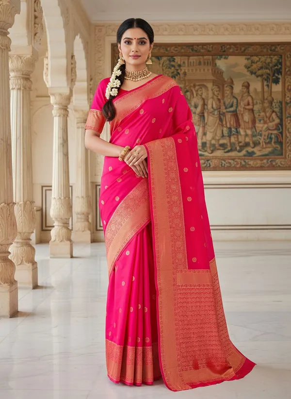 Pink_Kanjivaram_Pure_Silk_Zari_Woven_Contrast_Gold_Border_Saree_For_Women_|_With_Blouse_Piece