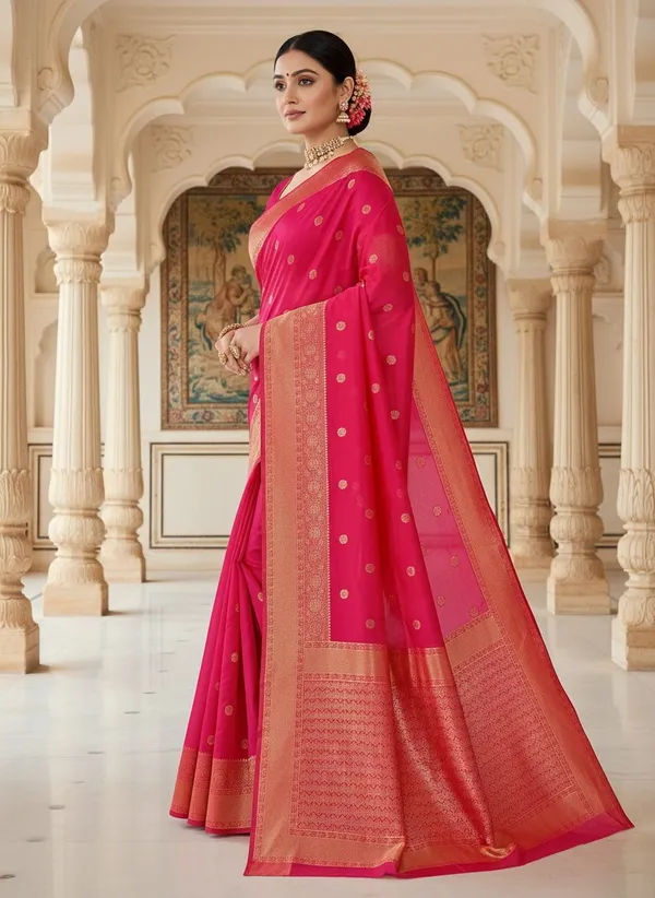 Pink_Kanjivaram_Pure_Silk_Zari_Woven_Contrast_Gold_Border_Saree_For_Women_|_With_Blouse_Piece