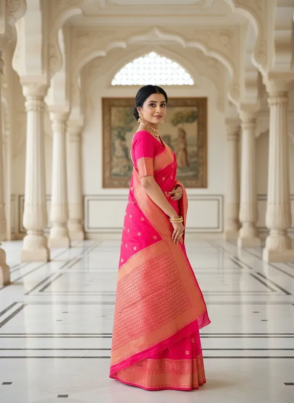 Pink_Kanjivaram_Pure_Silk_Zari_Woven_Contrast_Gold_Border_Saree_For_Women_|_With_Blouse_Piece