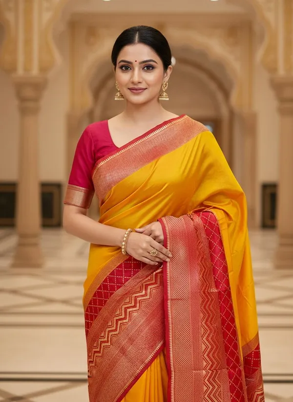 Yellow_Kanjivaram_Pure_Silk_Zari_Woven_Contrast_Border_Saree_For_Women_|_With_Blouse_Piece