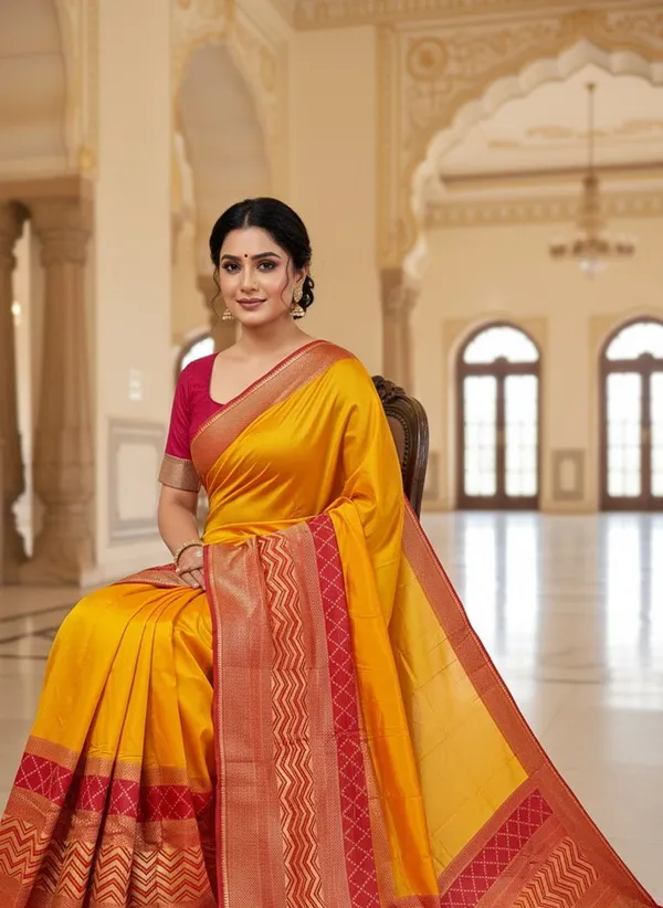 Yellow_Kanjivaram_Pure_Silk_Zari_Woven_Contrast_Border_Saree_For_Women_|_With_Blouse_Piece