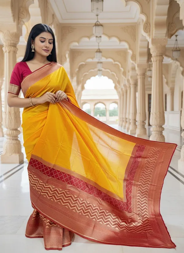 Yellow_Kanjivaram_Pure_Silk_Zari_Woven_Contrast_Border_Saree_For_Women_|_With_Blouse_Piece