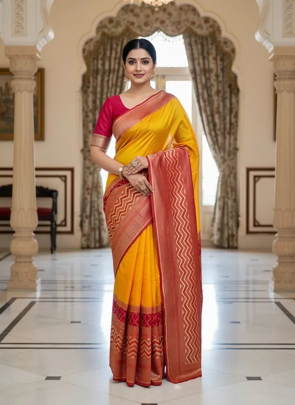 Yellow_Kanjivaram_Pure_Silk_Zari_Woven_Contrast_Border_Saree_For_Women_|_With_Blouse_Piece