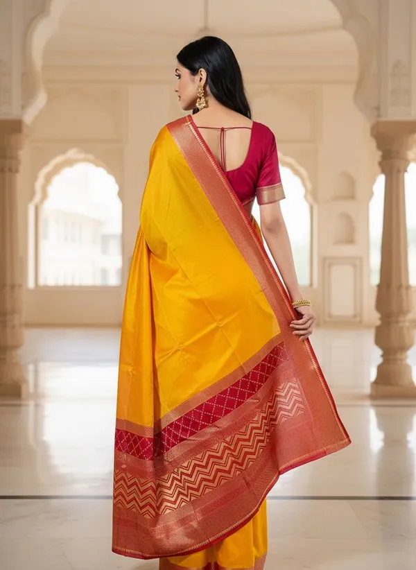 Yellow_Kanjivaram_Pure_Silk_Zari_Woven_Contrast_Border_Saree_For_Women_|_With_Blouse_Piece
