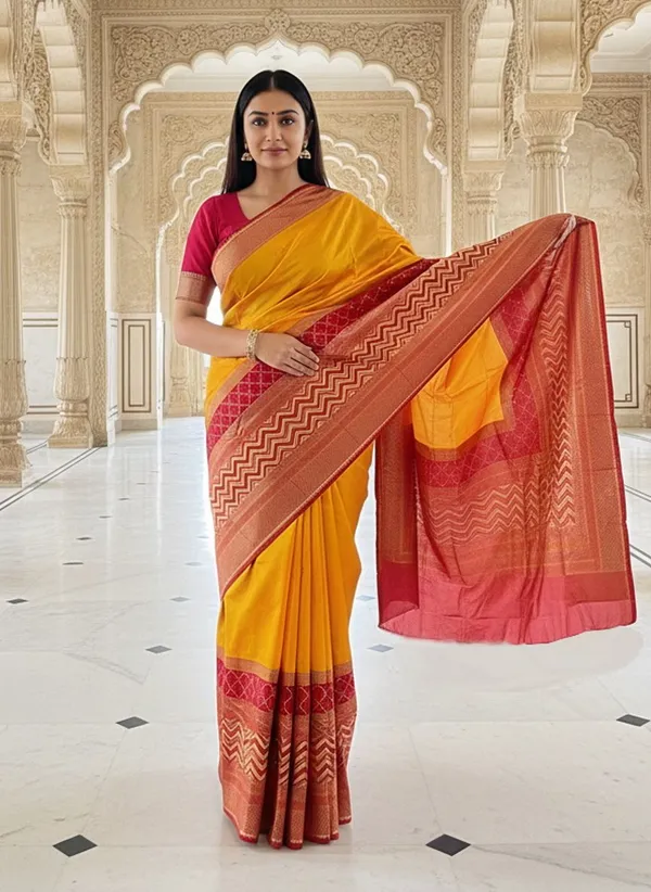 Yellow_Kanjivaram_Pure_Silk_Zari_Woven_Contrast_Border_Saree_For_Women_|_With_Blouse_Piece