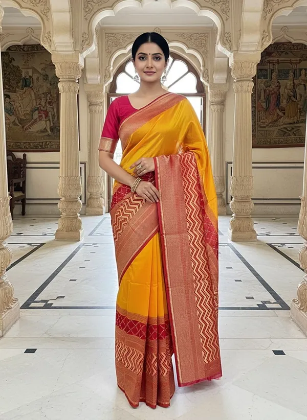 Yellow_Kanjivaram_Pure_Silk_Zari_Woven_Contrast_Border_Saree_For_Women_|_With_Blouse_Piece