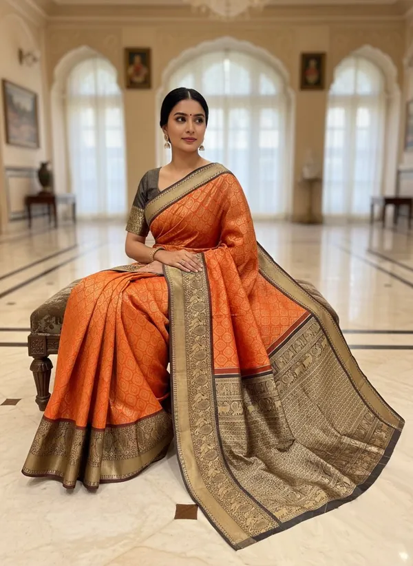 Orange_Kanjivaram_Pure_Silk_Zari_Woven_Saree_For_Women_|_With_Blouse_Piece