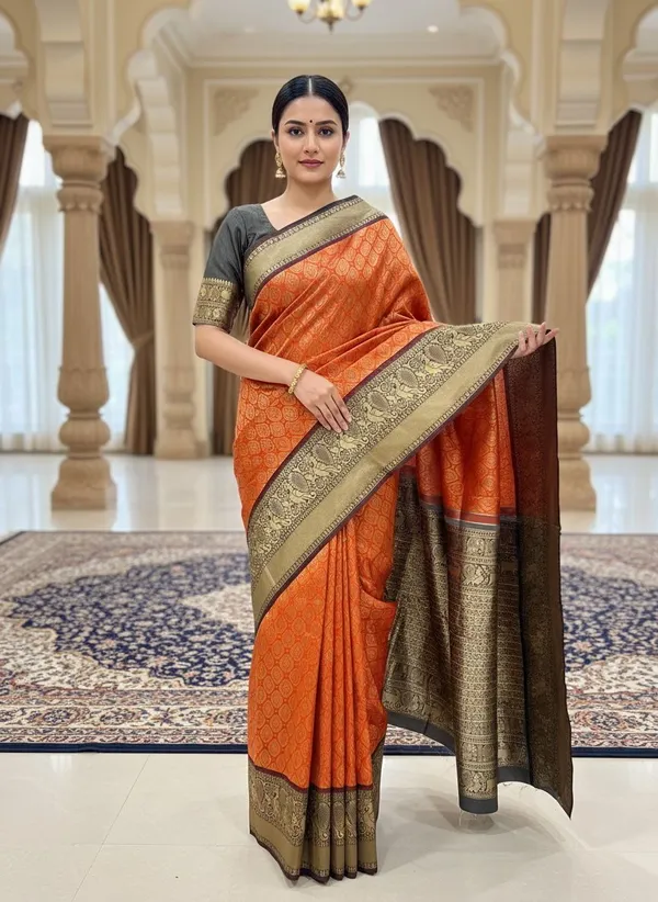 Orange_Kanjivaram_Pure_Silk_Zari_Woven_Saree_For_Women_|_With_Blouse_Piece