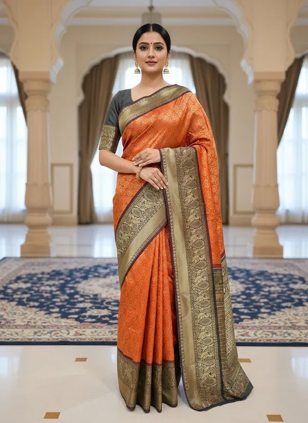 Orange_Kanjivaram_Pure_Silk_Zari_Woven_Saree_For_Women_|_With_Blouse_Piece