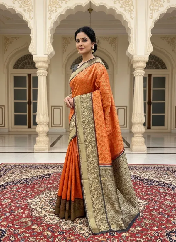 Orange_Kanjivaram_Pure_Silk_Zari_Woven_Saree_For_Women_|_With_Blouse_Piece