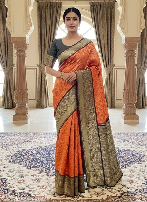 Orange_Kanjivaram_Pure_Silk_Zari_Woven_Saree_For_Women_|_With_Blouse_Piece