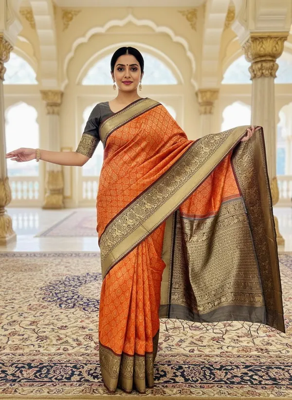 Orange_Kanjivaram_Pure_Silk_Zari_Woven_Saree_For_Women_|_With_Blouse_Piece