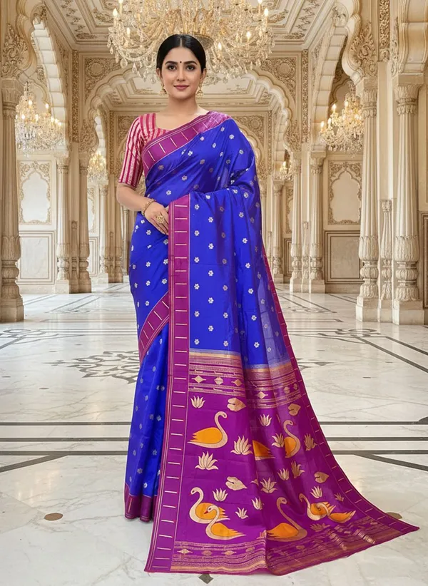 Blue_Kanjivaram_Pure_Silk_Zari_Woven_Contrast_Border_Saree_For_Women_|_With_Blouse_Piece