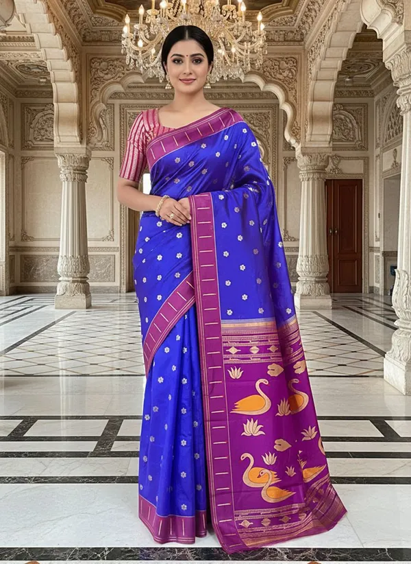 Blue_Kanjivaram_Pure_Silk_Zari_Woven_Contrast_Border_Saree_For_Women_|_With_Blouse_Piece