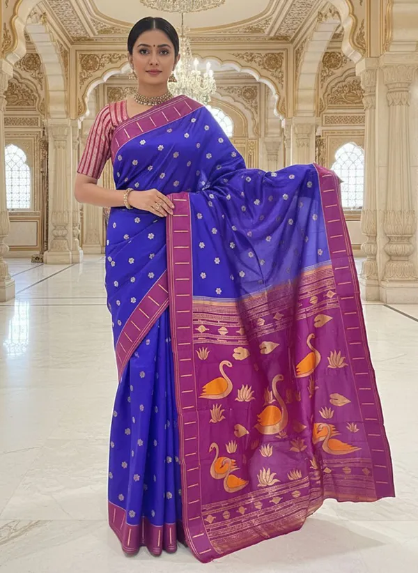 Blue_Kanjivaram_Pure_Silk_Zari_Woven_Contrast_Border_Saree_For_Women_|_With_Blouse_Piece