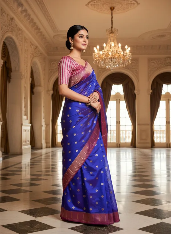 Blue_Kanjivaram_Pure_Silk_Zari_Woven_Contrast_Border_Saree_For_Women_|_With_Blouse_Piece