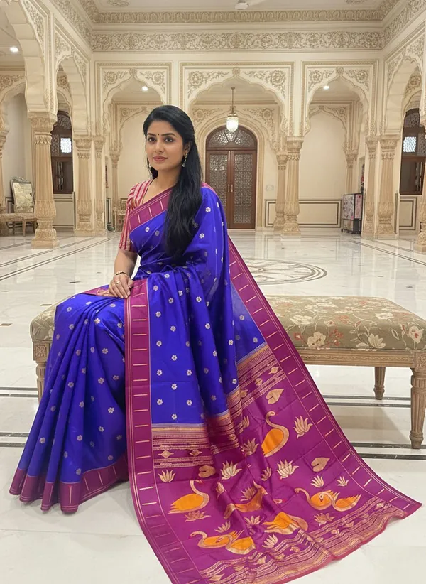 Blue_Kanjivaram_Pure_Silk_Zari_Woven_Contrast_Border_Saree_For_Women_|_With_Blouse_Piece