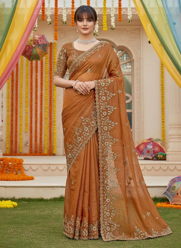 Brown_Satin_Sequence_Embroidered_Scalloped_Border_Saree_For_Women_|_With_Blouse_Piece