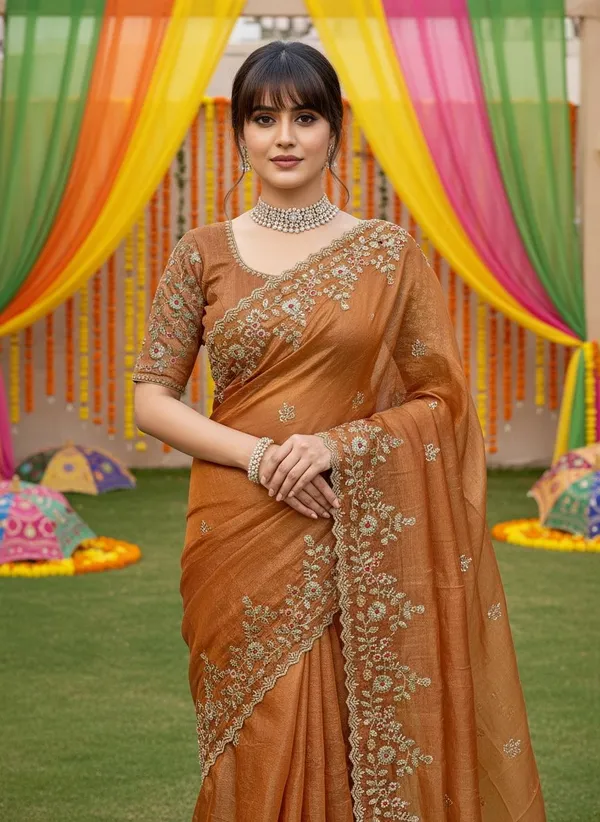 Brown_Satin_Sequence_Embroidered_Scalloped_Border_Saree_For_Women_|_With_Blouse_Piece