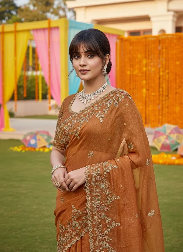 Brown_Satin_Sequence_Embroidered_Scalloped_Border_Saree_For_Women_|_With_Blouse_Piece