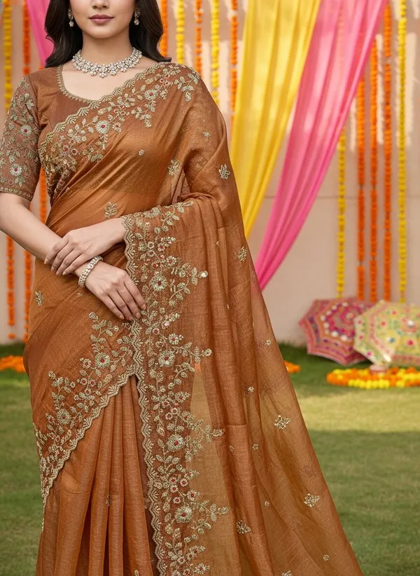 Brown_Satin_Sequence_Embroidered_Scalloped_Border_Saree_For_Women_|_With_Blouse_Piece