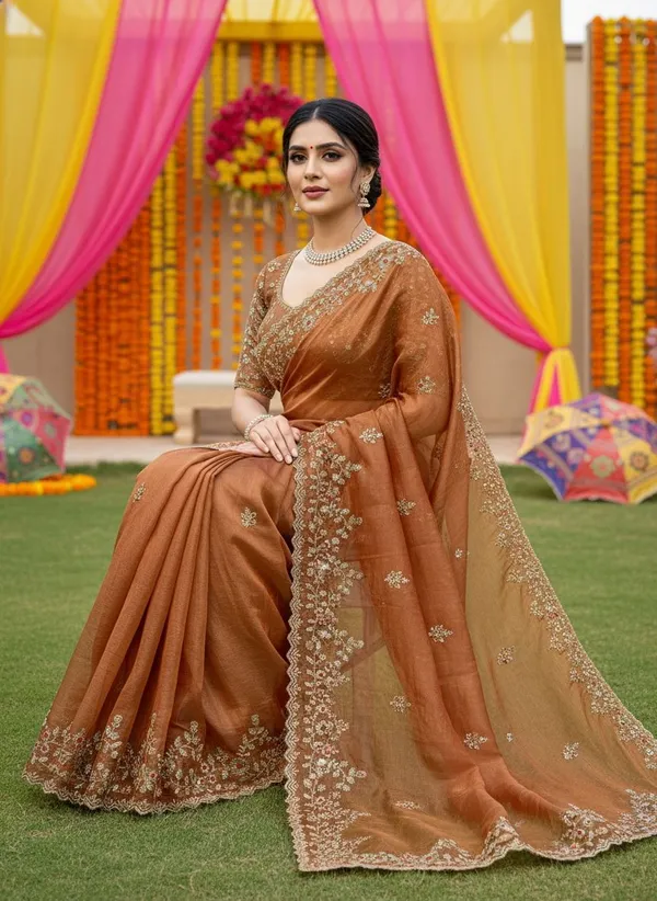 Brown_Satin_Sequence_Embroidered_Scalloped_Border_Saree_For_Women_|_With_Blouse_Piece