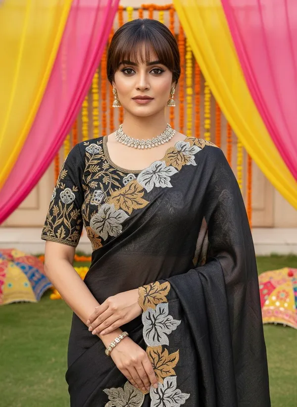 Black_Satin_Chiffon_Cut_Work_Embroidered_Saree_For_Women_|_With_Blouse_Piece