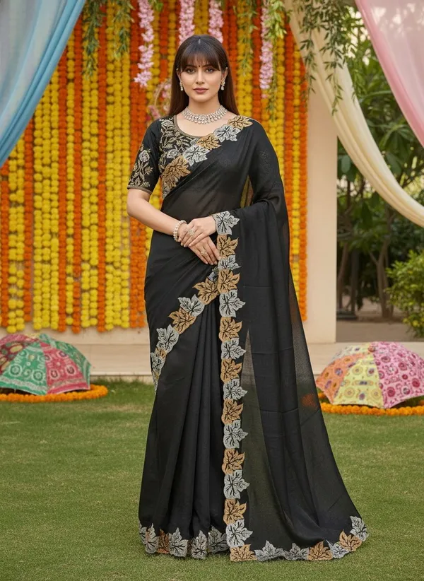 Black_Satin_Chiffon_Cut_Work_Embroidered_Saree_For_Women_|_With_Blouse_Piece
