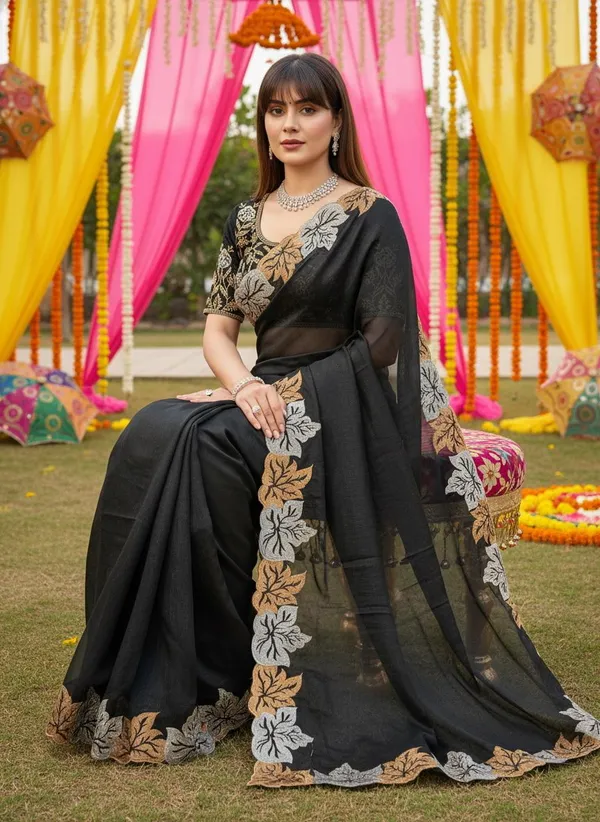 Black_Satin_Chiffon_Cut_Work_Embroidered_Saree_For_Women_|_With_Blouse_Piece