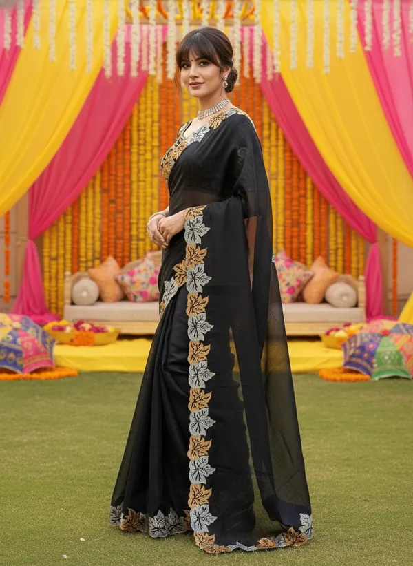 Black_Satin_Chiffon_Cut_Work_Embroidered_Saree_For_Women_|_With_Blouse_Piece