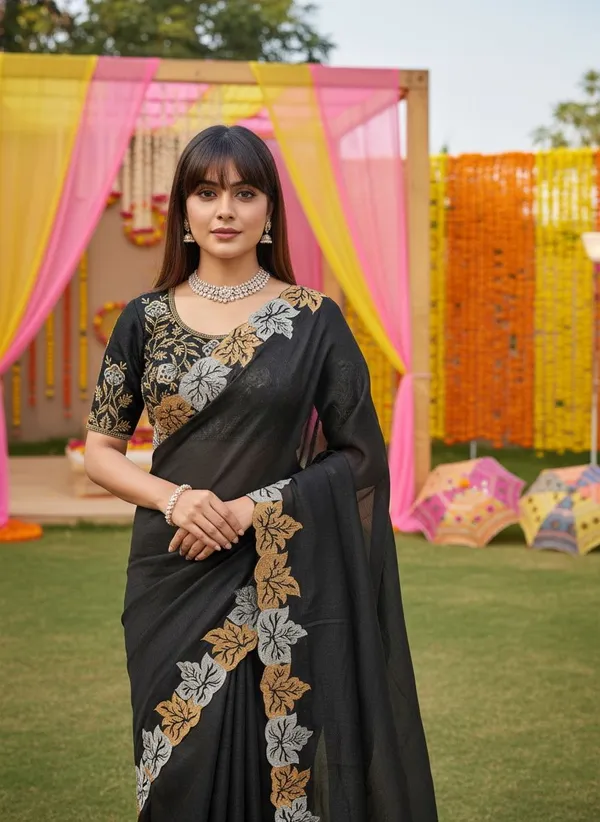 Black_Satin_Chiffon_Cut_Work_Embroidered_Saree_For_Women_|_With_Blouse_Piece